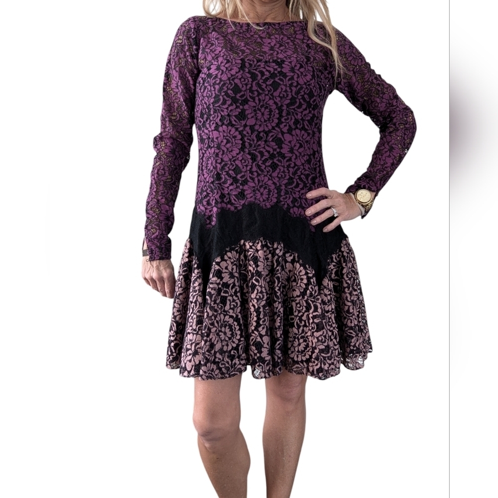 Zac Posen Purple Black Lace Fit & Flare Designer Party Long Sleeve Dress Size 8